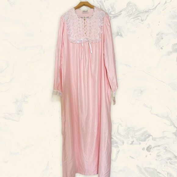 Vintage Deadstock 70’s Soft Pastel Pink Long Satin Button Up Robe Housecoat Sz S - Picture 2 of 12